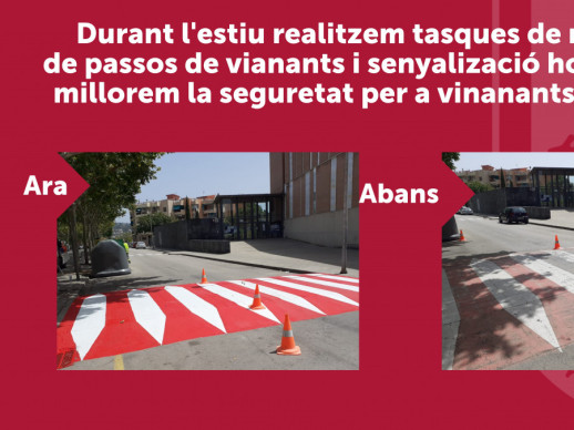 Durant el mes d'agost realitzem treballs de manteniment a l'espai públic amb el repintat de diversos passos de vinanants a diferents punts del nostre municipi