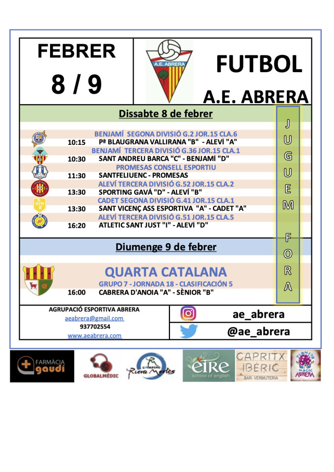 Calendari dels partits de l'AE Abrera pel 8 i 9 de febrer fóra de casa