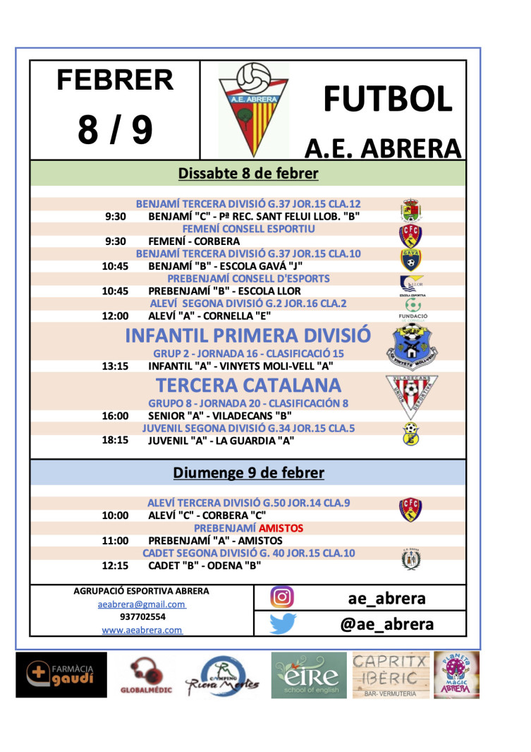 Calendari dels partits de l'AE Abrera pel 8 i 9 de febrer a casa