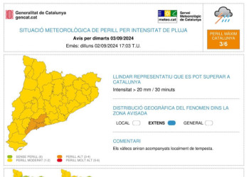 Avís del Servei Meteorològic de Catalunya per pluges intenses dimarts 3 de setembre de 2024