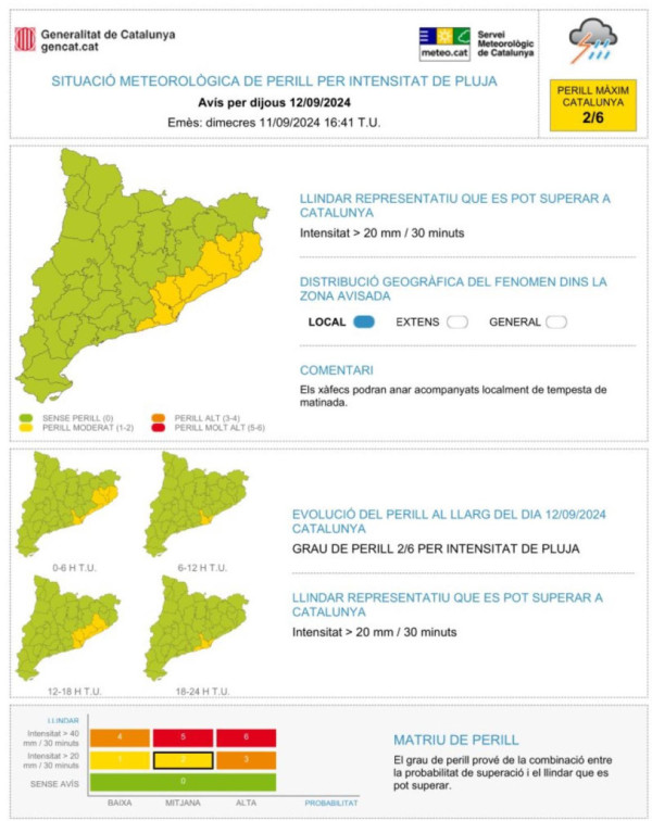 Avís del Servei Meterològic de Catalunya per intensitat de pluja pel dijous 12 de setembre de 2024