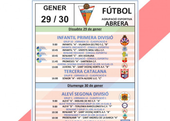 Calendari partits Agrupació Esportiva Abrera cap de setmana del dissabte 29 i el diumenge 30 de gener de 2022 - A casa