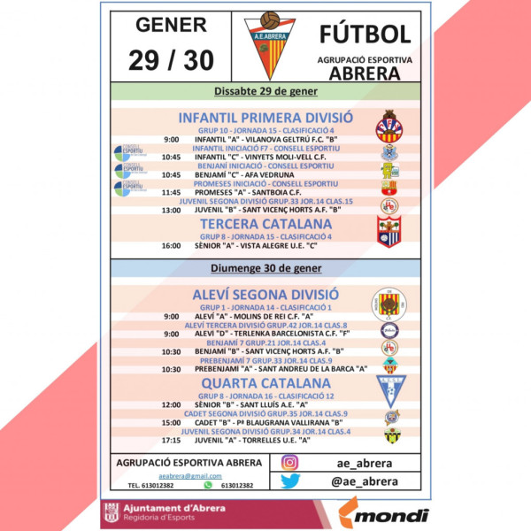 Calendari partits Agrupació Esportiva Abrera cap de setmana del dissabte 29 i el diumenge 30 de gener de 2022 - A casa.jpg