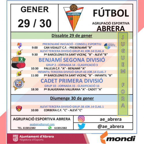 Calendari partits Agrupació Esportiva Abrera cap de setmana del dissabte 29 i el diumenge 30 de gener de 2022 - A fora.jpg