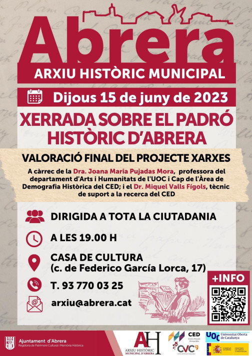 El proper dijous 15 de juny a la tarda, la Casa de Cultura acollirà una xerrada sobre el padró històric d'Abrera