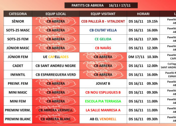 CLUB BÀSQUET ABRERA - Calendari de partits cap de setmana 16 i 17 novembre 2019