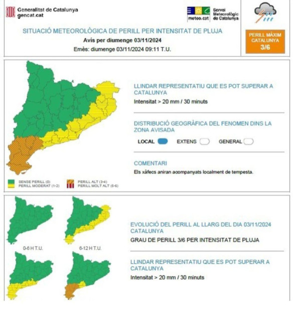 Previsió pluges intenses. Diumenge 3 de novembre de 2024