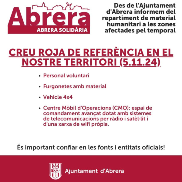 Abrera Solidària! Des de l'Ajuntament informem del repartiment de material humanitari a les zones afectades pel temporal des del nostre territori