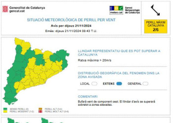 Previsió de fort vent. Dijous 21 de novembre