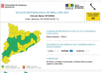 Previsió de fort vent. 19 i 20 de desembre de 2024