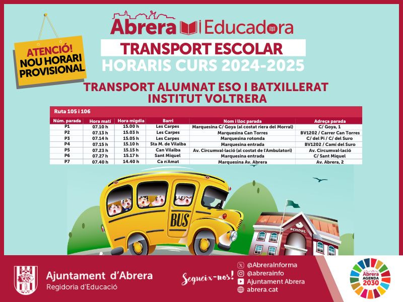 Nou horari provisional transport escolar rutes 105 i 106 d'Abrera