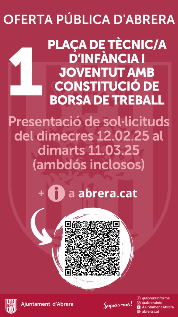 Obrim el procés de selecció d'una plaça de Tècnic/a d'Infància i Joventut, amb constitució d'una borsa de treball