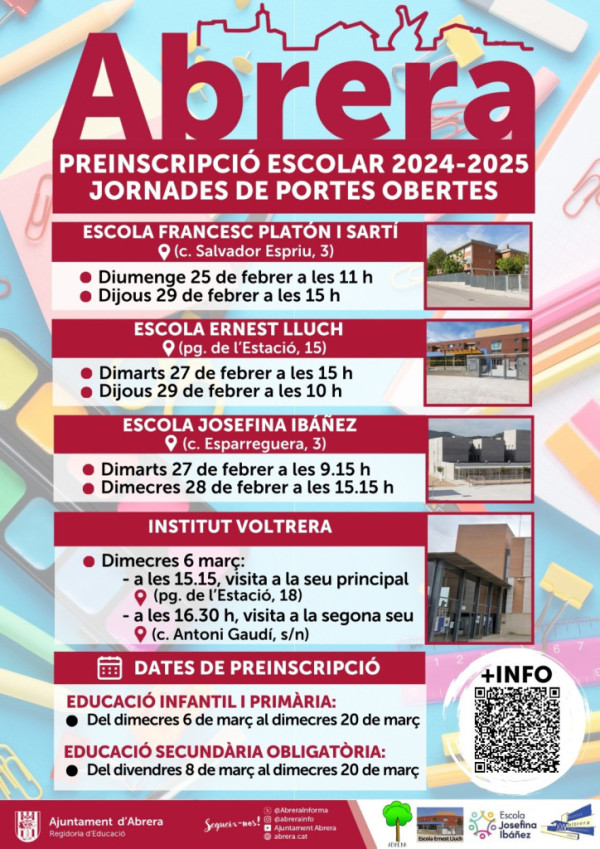 Atenció famílies! Properament comença el període de preinscripció per al curs 2024-2025 a les escoles i institut d'Abrera