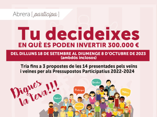 Abrera participa! El dilluns 18 de setembre obrim el període de votacions dels Pressupostos Participatius 2022-2024 amb 14 propostes presentades per la ciutadania