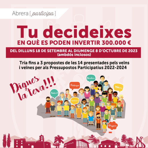 Abrera participa! El dilluns 18 de setembre obrim el període de votacions dels Pressupostos Participatius 2022-2024 amb 14 propostes presentades per la ciutadania