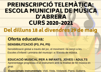 preinscripcions online pel curs 2020-2021 a l'Escola Municipal de Música d’Abrera