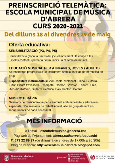 preinscripcions online pel curs 2020-2021 a l'Escola Municipal de Música d’Abrera