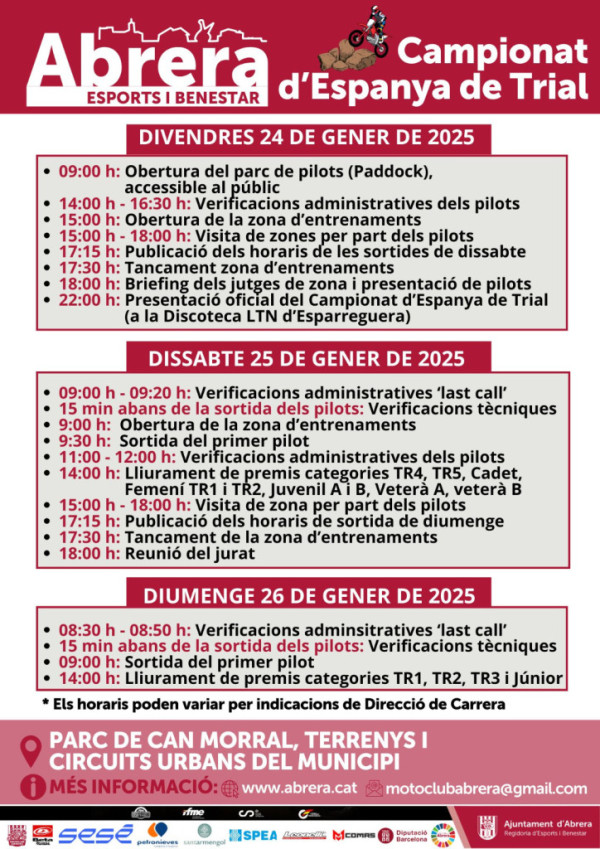 Abrera amb l'esport! El Campionat d'Espanya de Trial arriba aquest cap de setmana al nostre municipi, amb participants locals. No us ho perdeu!  Programació