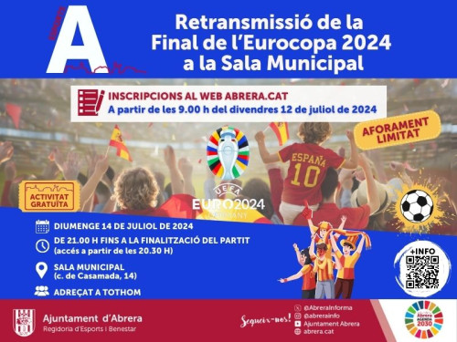 Abrera amb l'esport! La Sala Municipal acollirà, el diumenge 14 de juliol, la retransmissió de la final de l'Eurocopa 2024