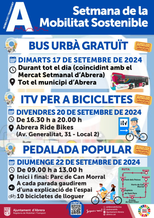 Abrera + sostenible! Commemorem la Setmana de la Mobilitat Sostenible 2024 amb el servei de bus urbà gratuït, una ITV per a bicicletes i una pedalada popular pel nostre municipi